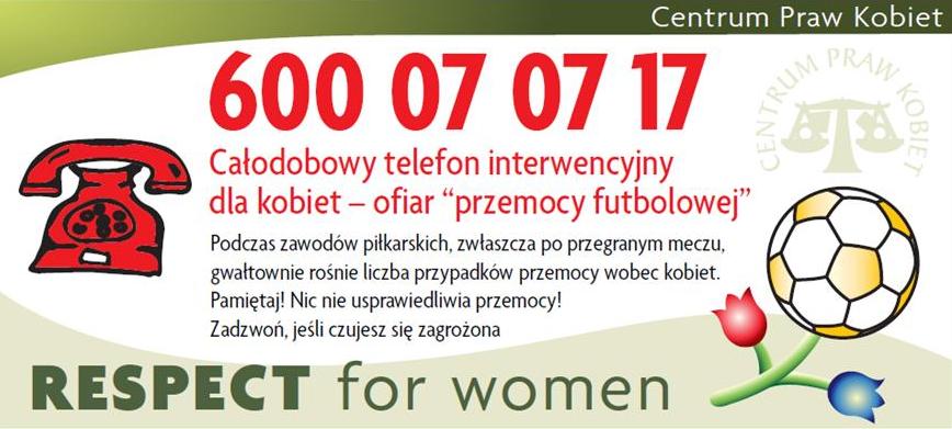Całodobowy telefon dla kobiet - ofiar "przemocy futbolowej" - 600 07 07 17
